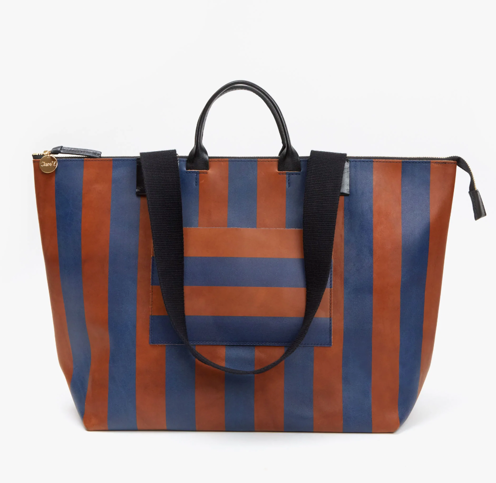 Clare V. Simple Tote in Navy with Evergreen & Cherry Stripes
